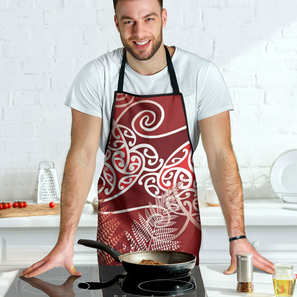 Aotearoa Maori Koru Curves Apron Silver Ferns - Crimson Red LT7 - Polynesian Pride