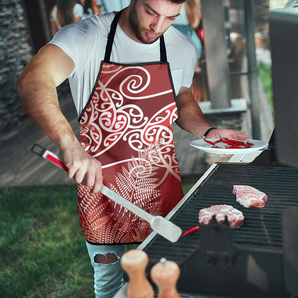 Aotearoa Maori Koru Curves Apron Silver Ferns - Crimson Red LT7 - Polynesian Pride