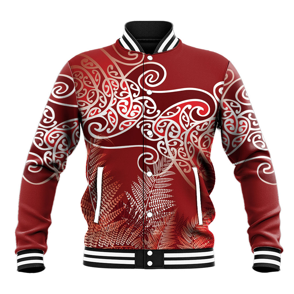 Aotearoa Maori Koru Curves Baseball Jacket Silver Ferns - Crimson Red LT7 Unisex Red - Polynesian Pride