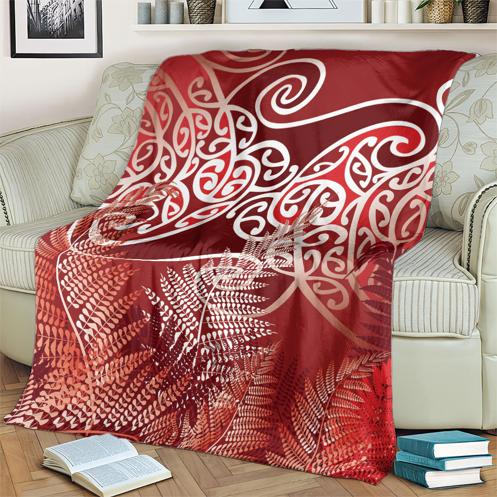 Aotearoa Maori Koru Curves Blanket Silver Ferns - Crimson Red LT7 - Polynesian Pride
