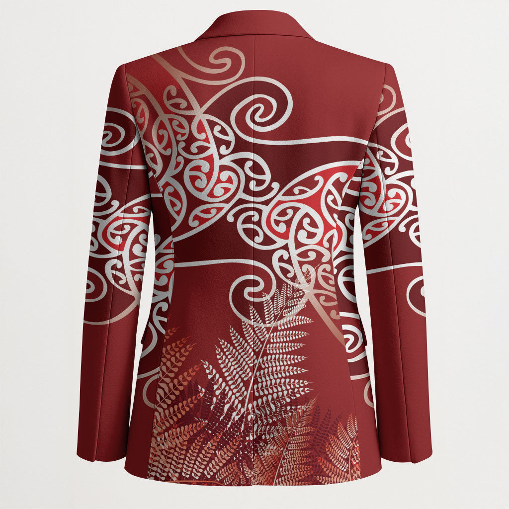 Aotearoa Maori Koru Curves Blazer Silver Ferns - Crimson Red LT7 - Polynesian Pride