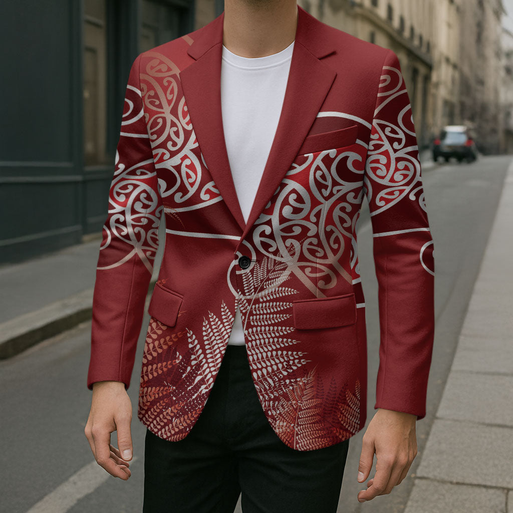Aotearoa Maori Koru Curves Blazer Silver Ferns - Crimson Red LT7 - Polynesian Pride