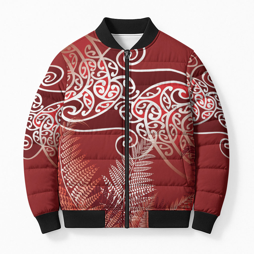 Aotearoa Maori Koru Curves Bomber Puffer Jacket Silver Ferns - Crimson Red LT7 Unisex Red - Polynesian Pride
