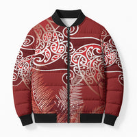 Aotearoa Maori Koru Curves Bomber Puffer Jacket Silver Ferns - Crimson Red LT7 Unisex Red - Polynesian Pride