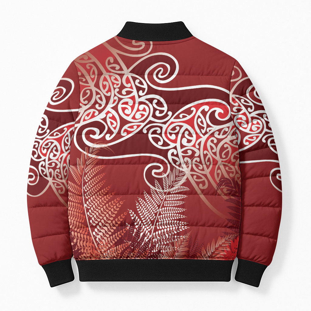 Aotearoa Maori Koru Curves Bomber Puffer Jacket Silver Ferns - Crimson Red LT7 - Polynesian Pride