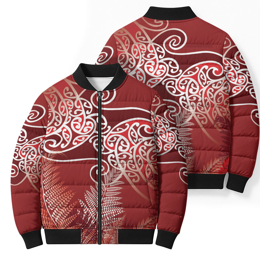 Aotearoa Maori Koru Curves Bomber Puffer Jacket Silver Ferns - Crimson Red LT7 - Polynesian Pride