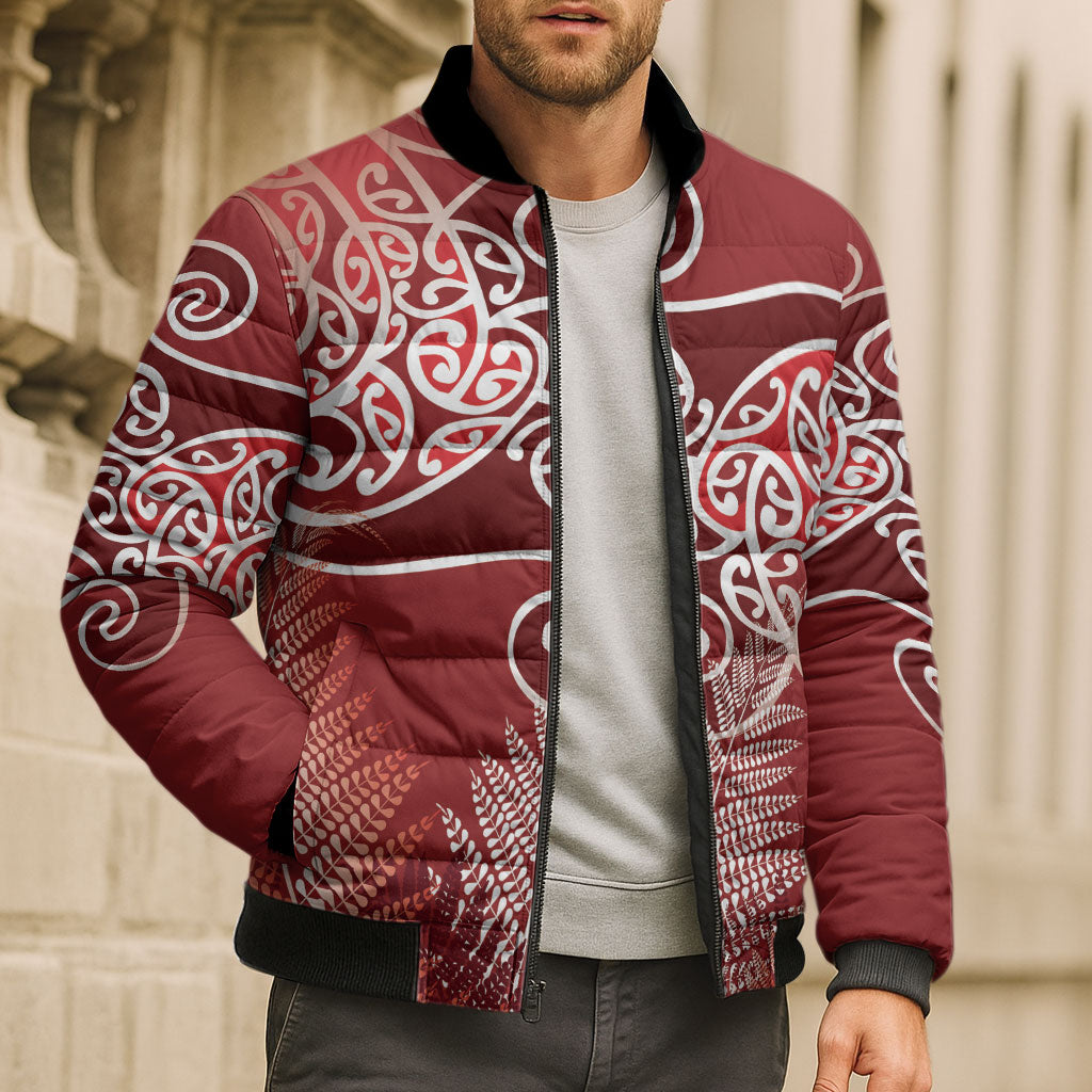 Aotearoa Maori Koru Curves Bomber Puffer Jacket Silver Ferns - Crimson Red LT7 - Polynesian Pride