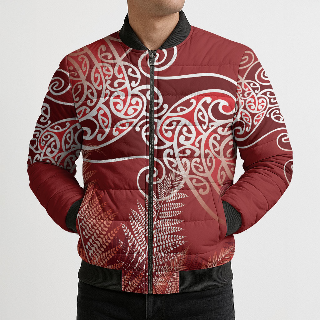 Aotearoa Maori Koru Curves Bomber Puffer Jacket Silver Ferns - Crimson Red LT7 - Polynesian Pride