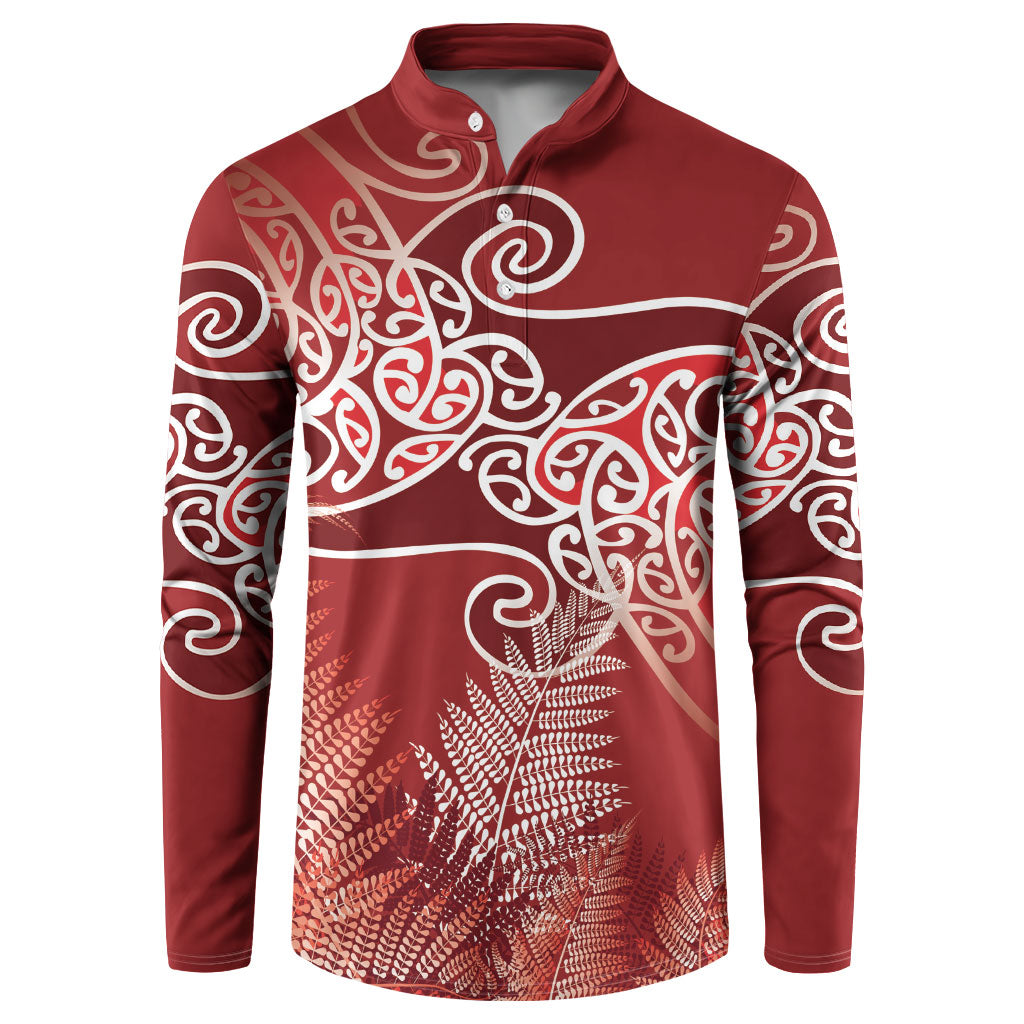 Aotearoa Maori Koru Curves Button Sweatshirt Silver Ferns - Crimson Red LT7 Red - Polynesian Pride