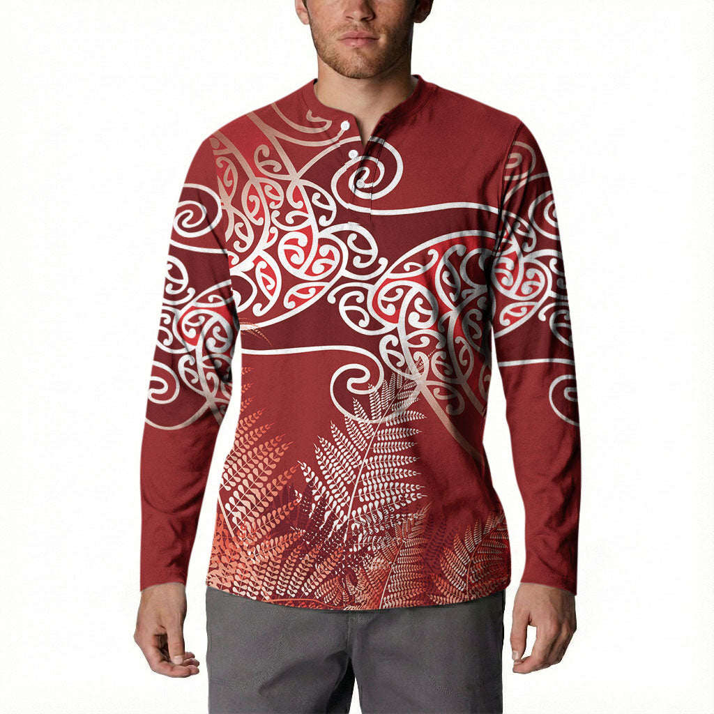 Aotearoa Maori Koru Curves Button Sweatshirt Silver Ferns - Crimson Red LT7 - Polynesian Pride
