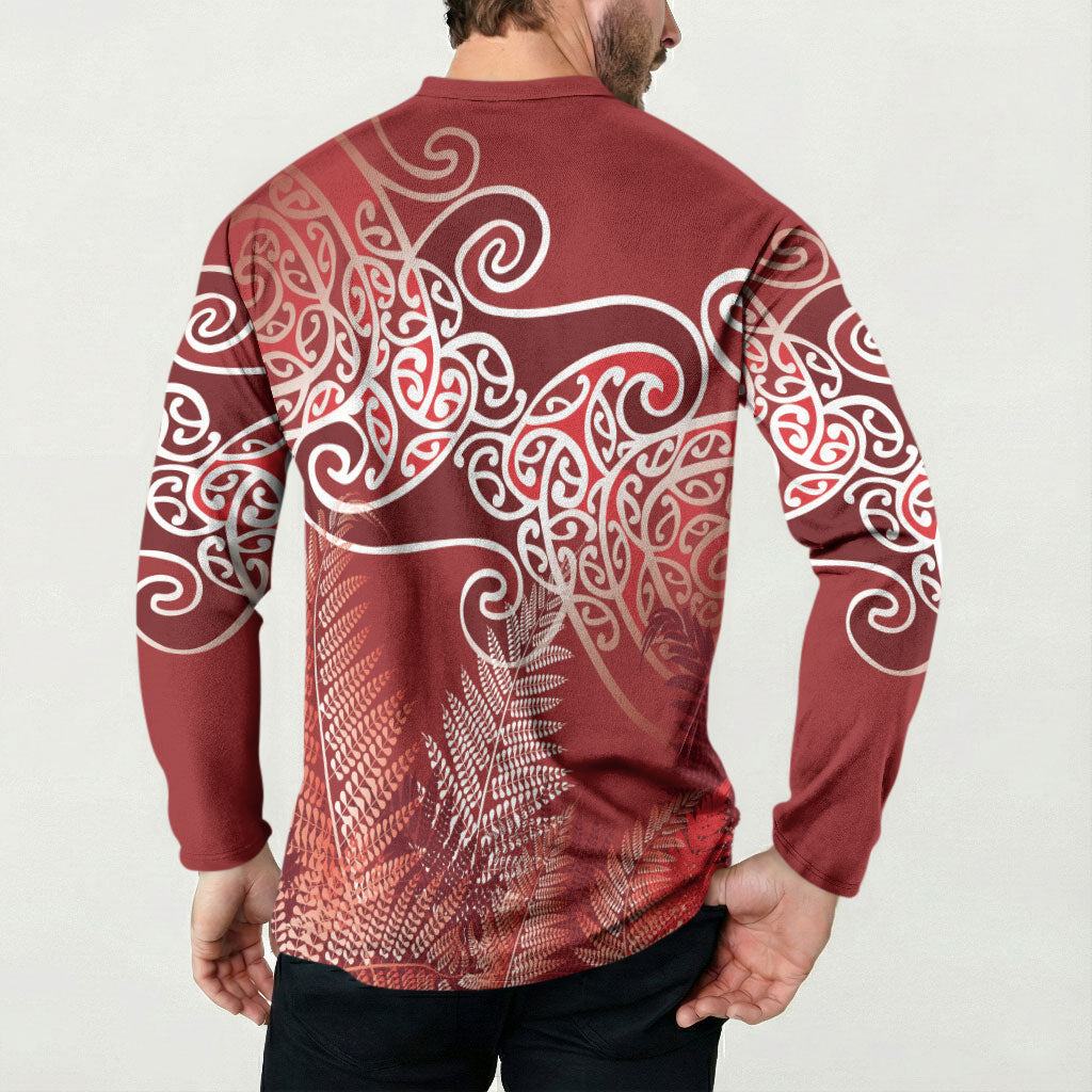 Aotearoa Maori Koru Curves Button Sweatshirt Silver Ferns - Crimson Red LT7 - Polynesian Pride
