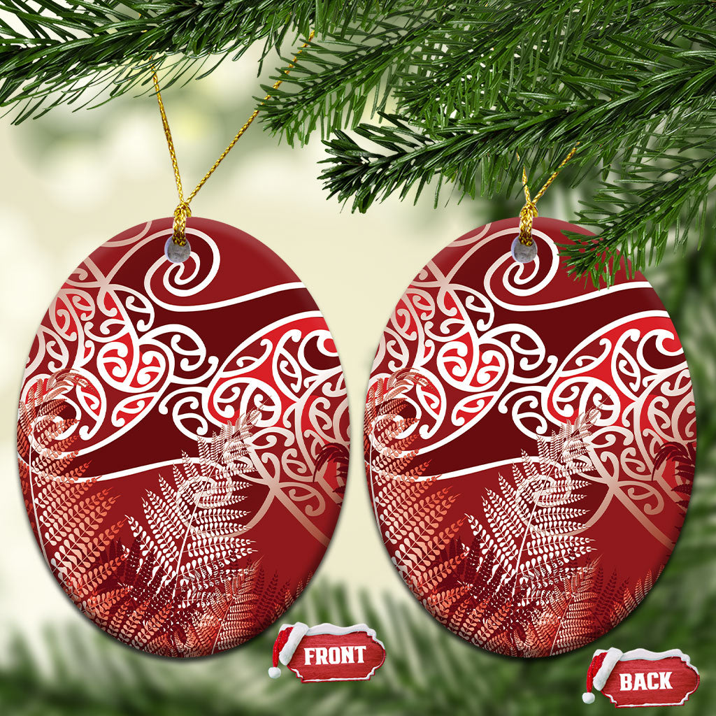 Aotearoa Maori Koru Curves Ceramic Ornament Silver Ferns - Crimson Red