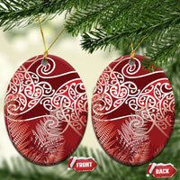 Aotearoa Maori Koru Curves Ceramic Ornament Silver Ferns - Crimson Red