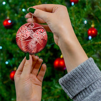 Aotearoa Maori Koru Curves Ceramic Ornament Silver Ferns - Crimson Red
