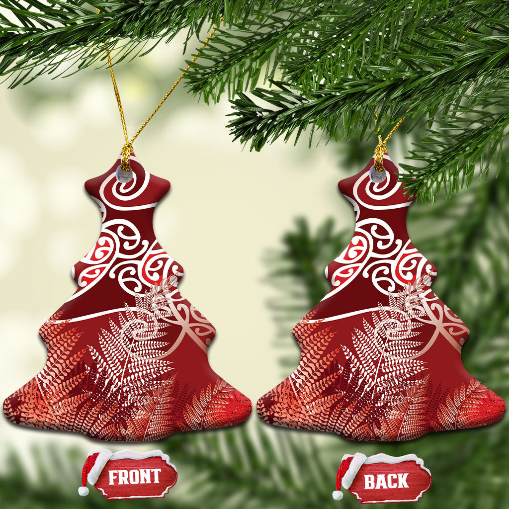 Aotearoa Maori Koru Curves Ceramic Ornament Silver Ferns - Crimson Red