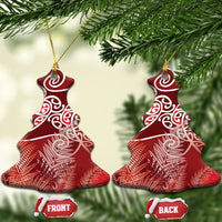 Aotearoa Maori Koru Curves Ceramic Ornament Silver Ferns - Crimson Red