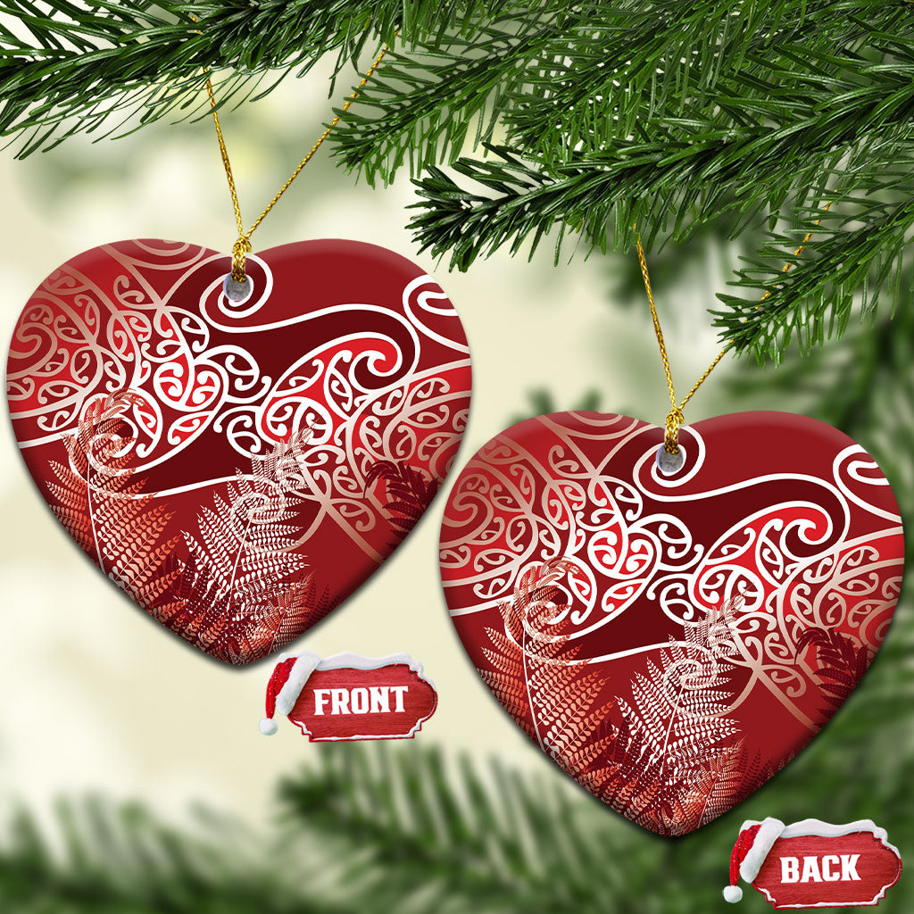 Aotearoa Maori Koru Curves Ceramic Ornament Silver Ferns - Crimson Red