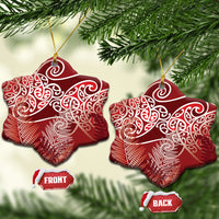 Aotearoa Maori Koru Curves Ceramic Ornament Silver Ferns - Crimson Red