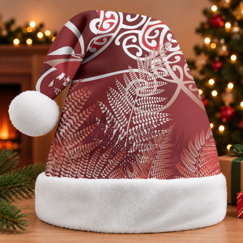 Aotearoa Maori Koru Curves Christmas Santa Hat Silver Ferns - Crimson Red