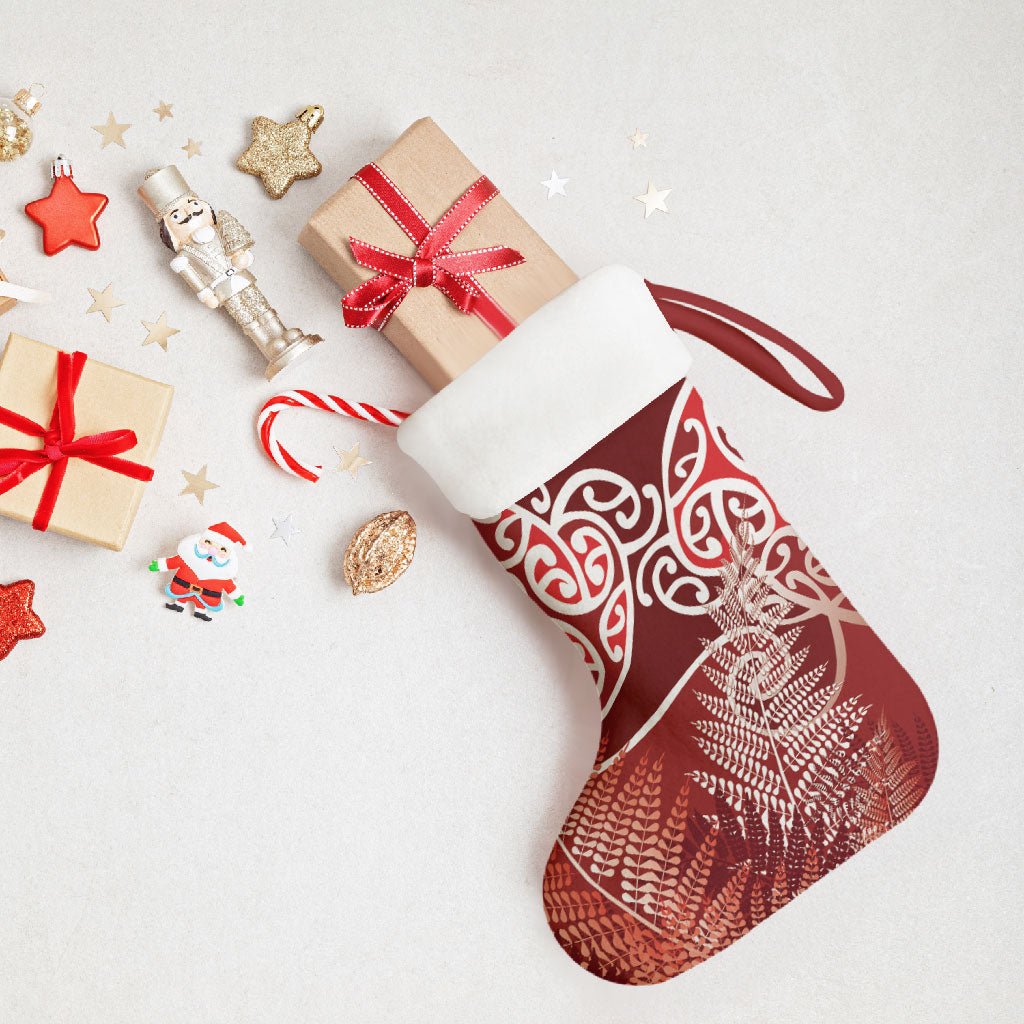 Aotearoa Maori Koru Curves Christmas Stocking Silver Ferns - Crimson Red