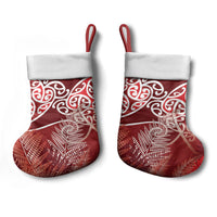 Aotearoa Maori Koru Curves Christmas Stocking Silver Ferns - Crimson Red