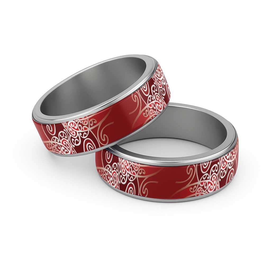 Aotearoa Maori Koru Curves Classic Ring Silver Ferns - Crimson Red LT7 Sliver Red - Polynesian Pride