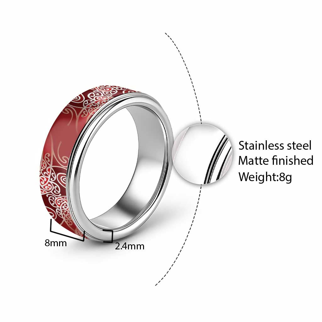 Aotearoa Maori Koru Curves Classic Ring Silver Ferns - Crimson Red LT7 - Polynesian Pride