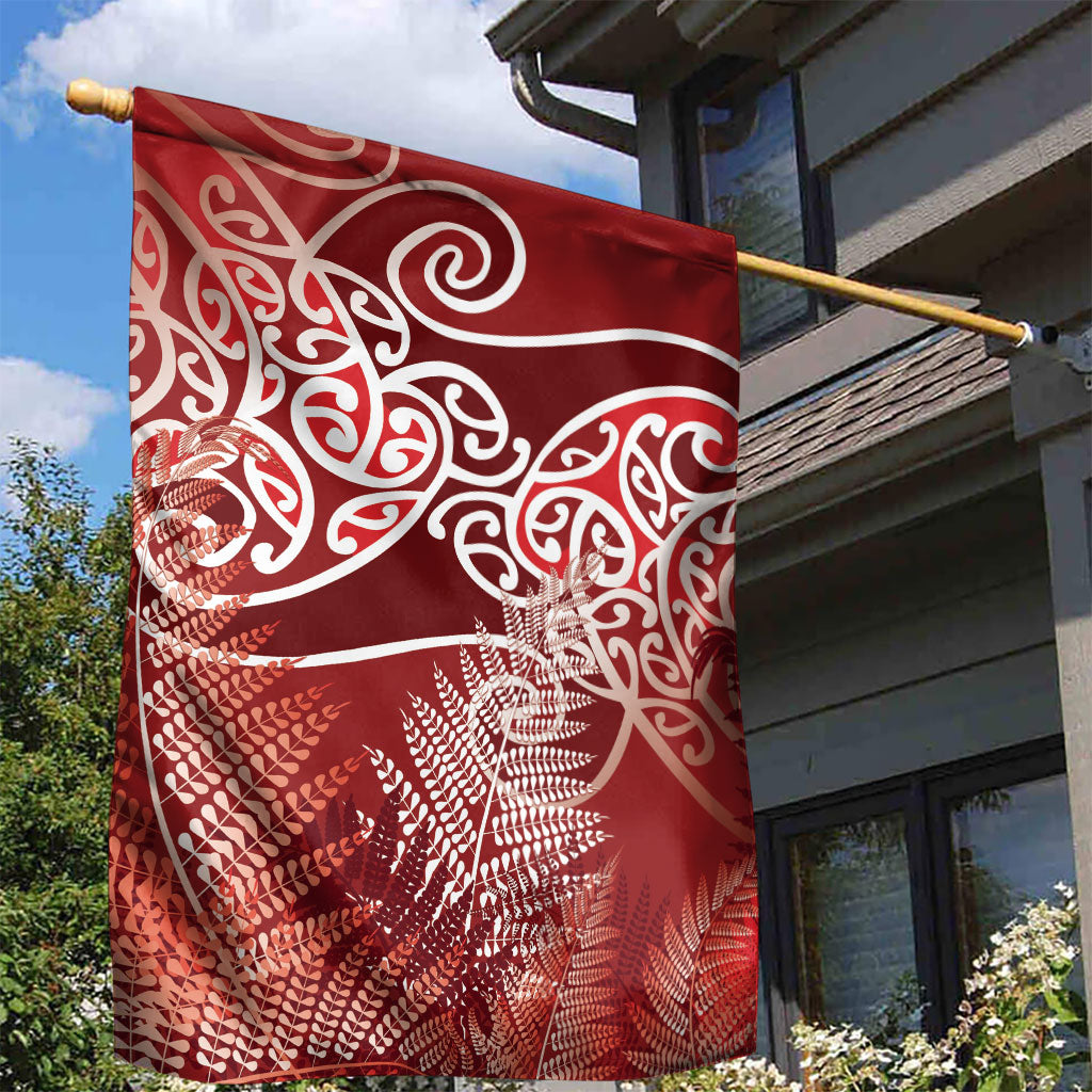 Aotearoa Maori Koru Curves Garden Flag Silver Ferns - Crimson Red LT7 - Polynesian Pride