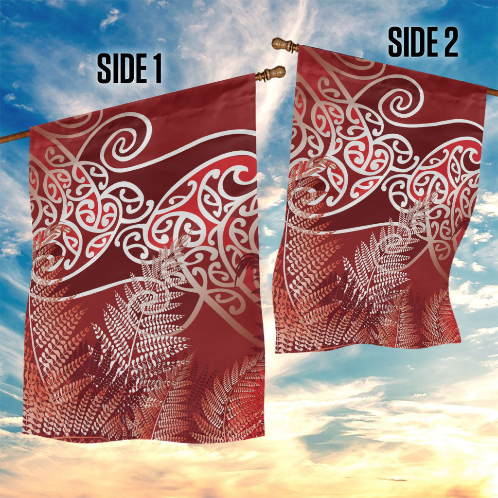 Aotearoa Maori Koru Curves Garden Flag Silver Ferns - Crimson Red LT7 - Polynesian Pride