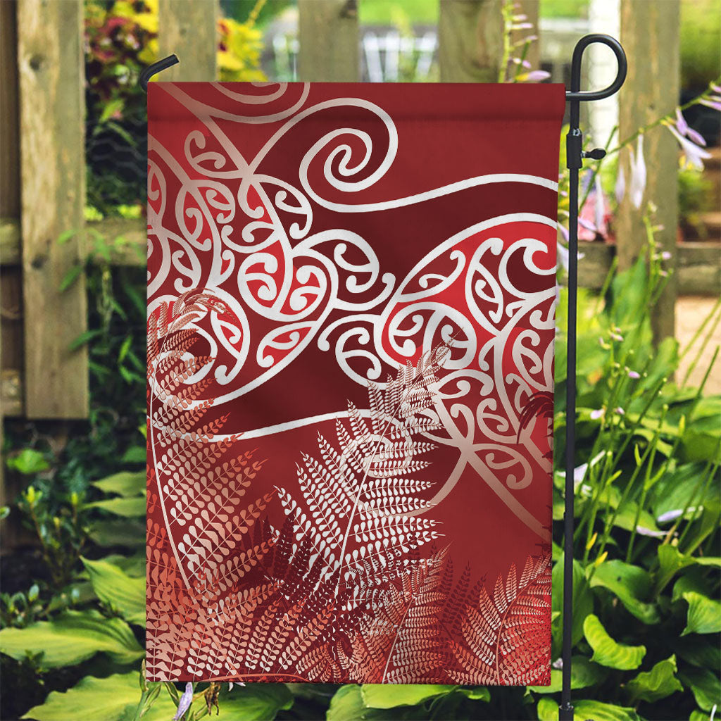 Aotearoa Maori Koru Curves Garden Flag Silver Ferns - Crimson Red LT7 Garden Flag Red - Polynesian Pride