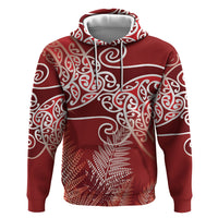 Aotearoa Maori Koru Curves Hoodie Silver Ferns - Crimson Red LT7 Pullover Hoodie Red - Polynesian Pride