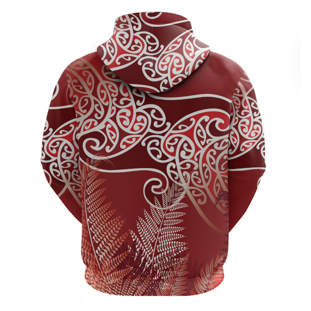 Aotearoa Maori Koru Curves Hoodie Silver Ferns - Crimson Red LT7 - Polynesian Pride
