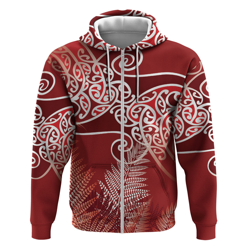 Aotearoa Maori Koru Curves Hoodie Silver Ferns - Crimson Red LT7 Zip Hoodie Red - Polynesian Pride