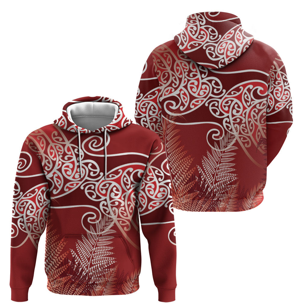 Aotearoa Maori Koru Curves Hoodie Silver Ferns - Crimson Red LT7 - Polynesian Pride
