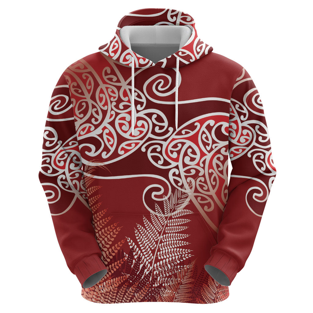 Aotearoa Maori Koru Curves Hoodie Silver Ferns - Crimson Red LT7 - Polynesian Pride