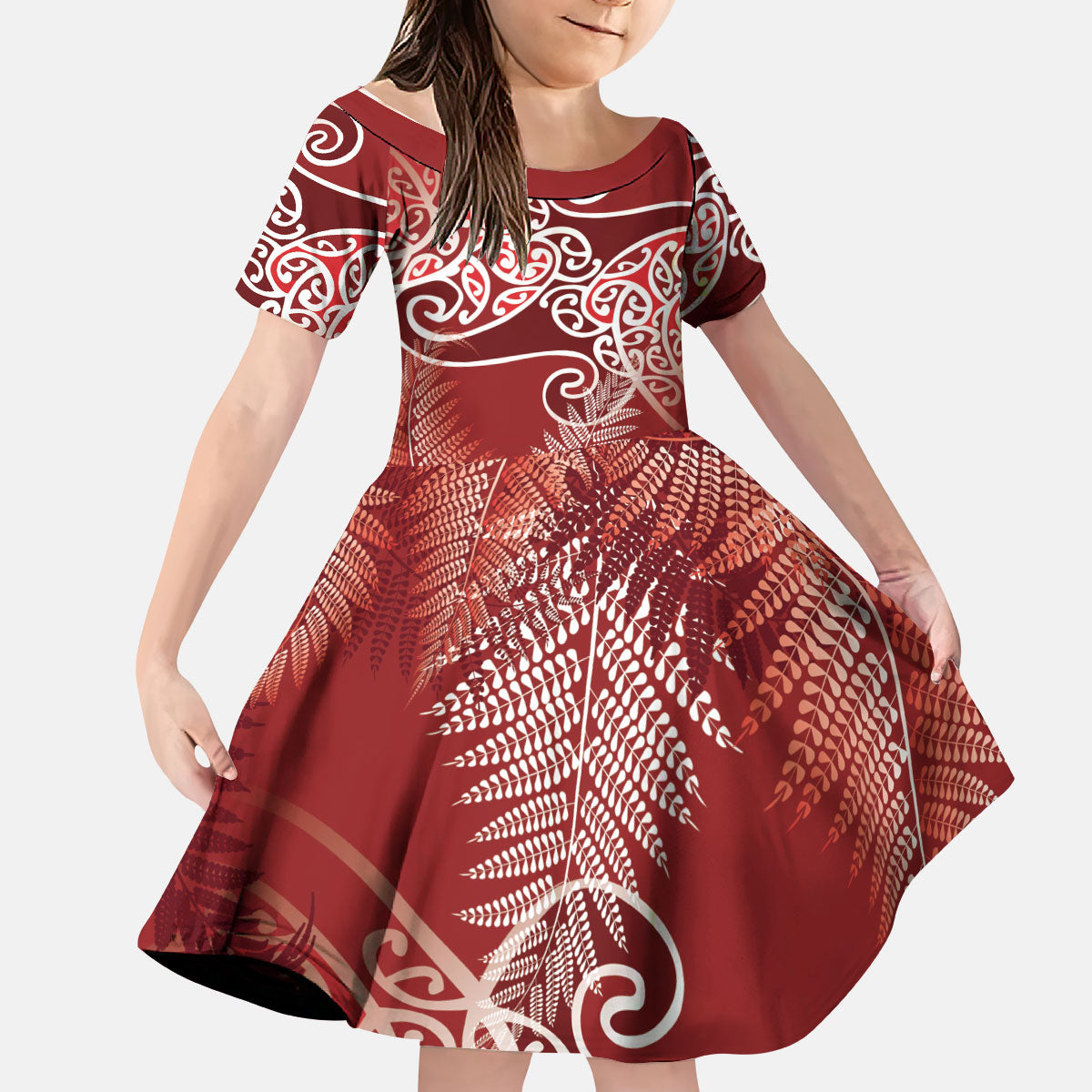 Aotearoa Maori Koru Curves Kid Short Sleeve Dress Silver Ferns - Crimson Red LT7 KID Red - Polynesian Pride