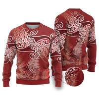Aotearoa Maori Koru Curves Ugly Christmas Sweater Silver Ferns - Crimson Red