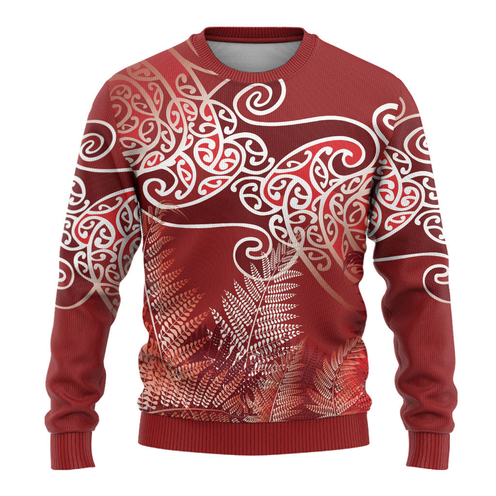Aotearoa Maori Koru Curves Ugly Christmas Sweater Silver Ferns - Crimson Red