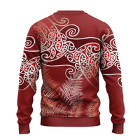 Aotearoa Maori Koru Curves Ugly Christmas Sweater Silver Ferns - Crimson Red