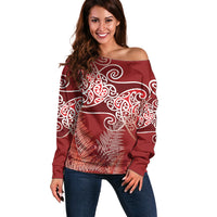 Aotearoa Maori Koru Curves Off Shoulder Sweater Silver Ferns - Crimson Red LT7 Women Red - Polynesian Pride
