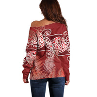 Aotearoa Maori Koru Curves Off Shoulder Sweater Silver Ferns - Crimson Red LT7 - Polynesian Pride