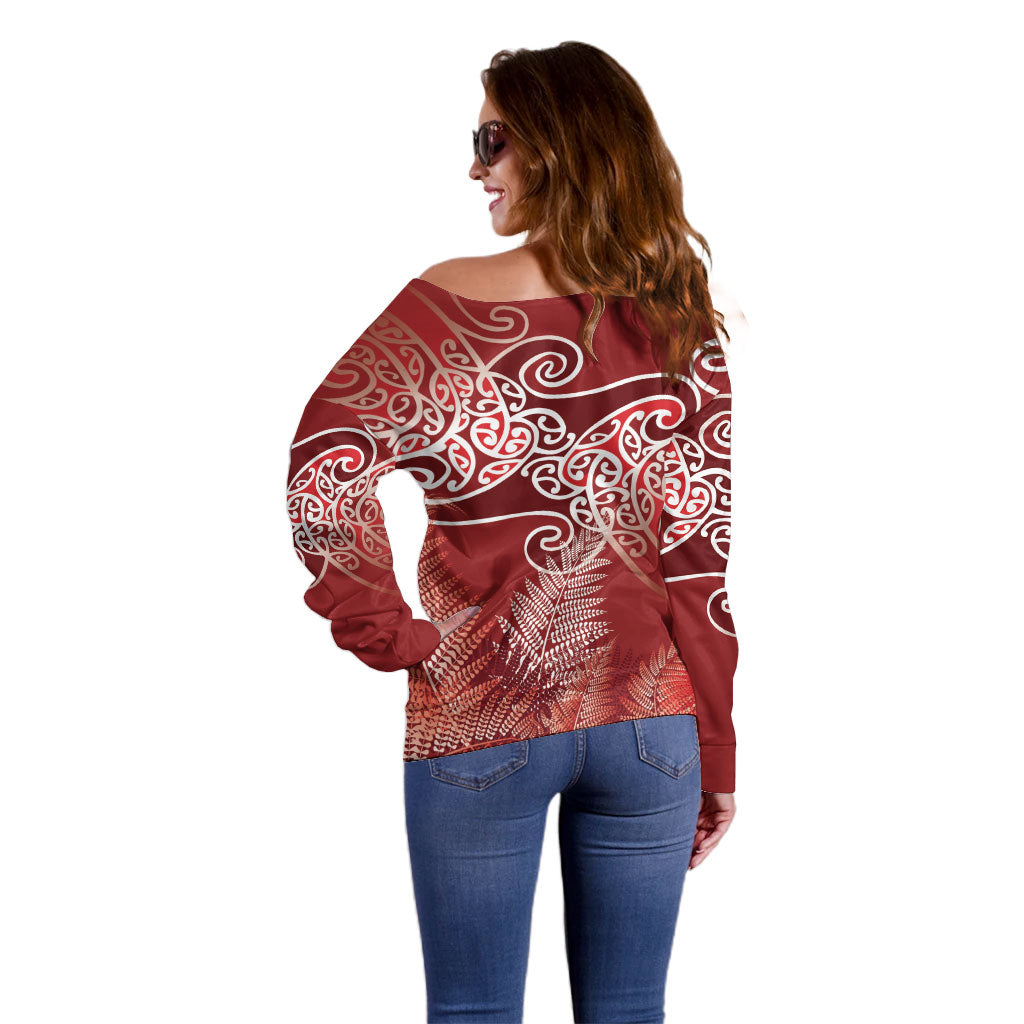 Aotearoa Maori Koru Curves Off Shoulder Sweater Silver Ferns - Crimson Red LT7 - Polynesian Pride