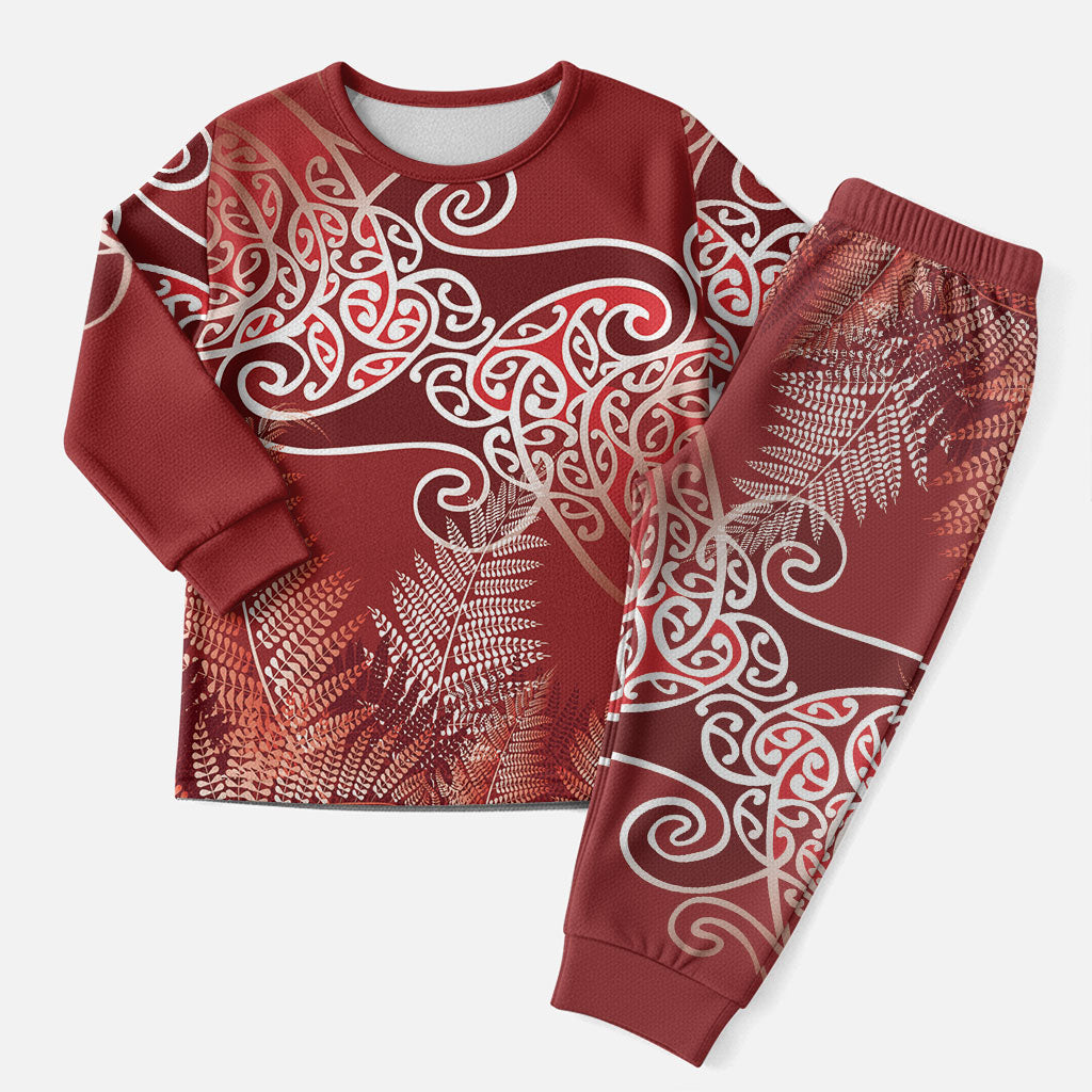 Aotearoa Maori Koru Curves Christmas Pajama Set Silver Ferns - Crimson Red
