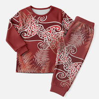 Aotearoa Maori Koru Curves Christmas Pajama Set Silver Ferns - Crimson Red