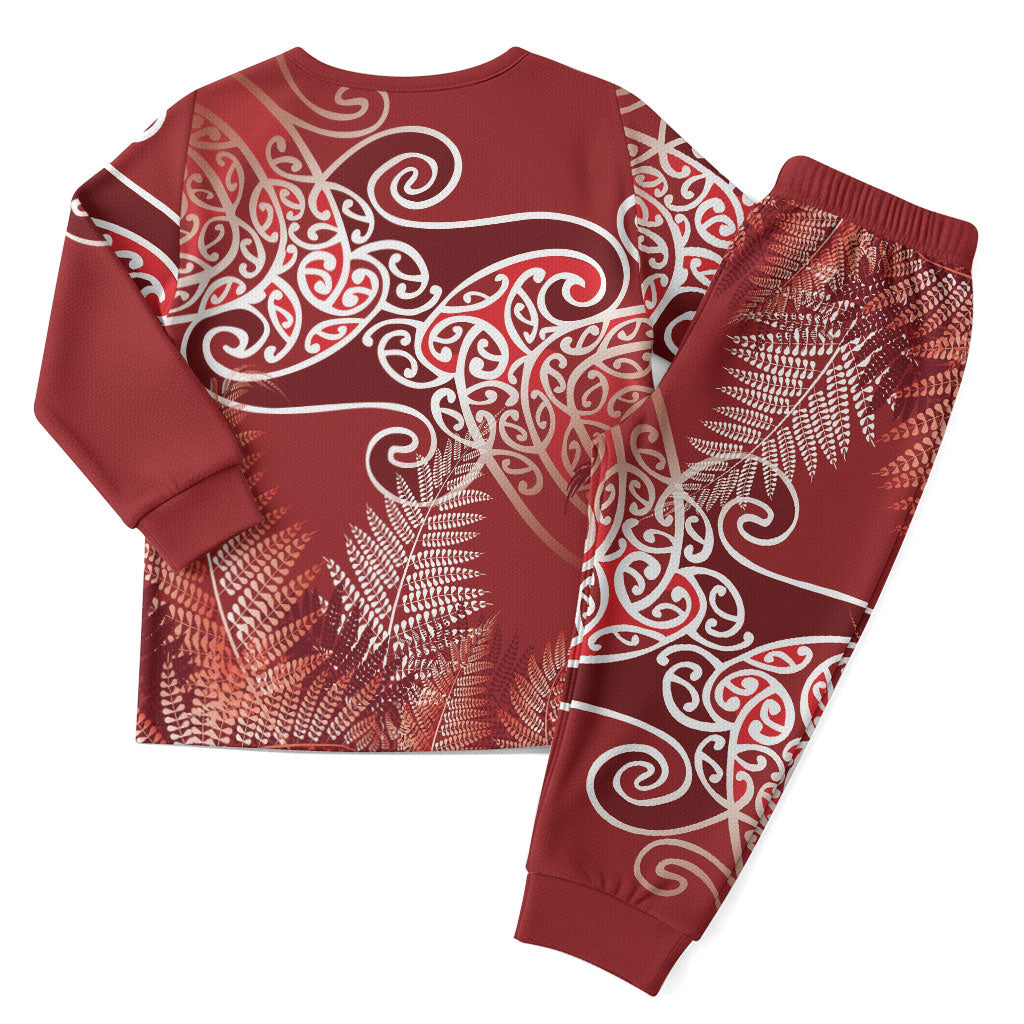 Aotearoa Maori Koru Curves Christmas Pajama Set Silver Ferns - Crimson Red