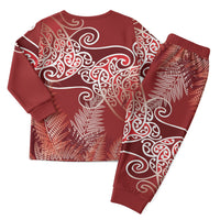 Aotearoa Maori Koru Curves Christmas Pajama Set Silver Ferns - Crimson Red