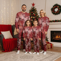 Aotearoa Maori Koru Curves Christmas Pajama Set Silver Ferns - Crimson Red