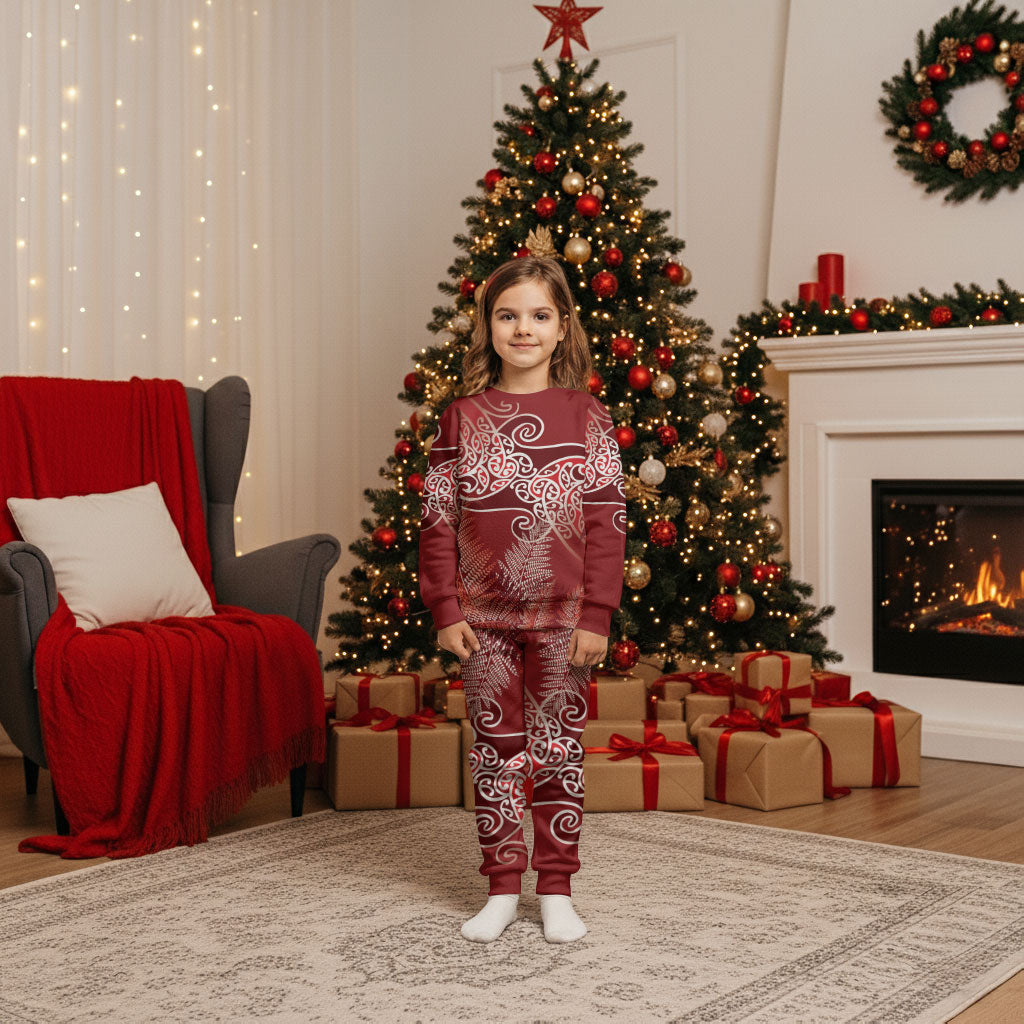 Aotearoa Maori Koru Curves Christmas Pajama Set Silver Ferns - Crimson Red