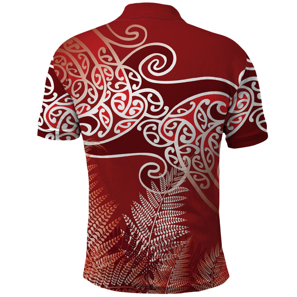 Aotearoa Maori Koru Curves Polo Shirt Silver Ferns - Crimson Red LT7 - Polynesian Pride