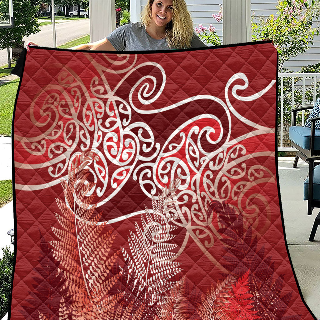 Aotearoa Maori Koru Curves Quilt Silver Ferns - Crimson Red LT7 Red - Polynesian Pride